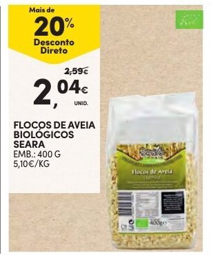 Continente Flocos de Aveia Biológicos Seara 400g promoção