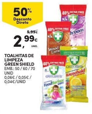 Continente Toalhitas de Limpeza Green Shield 50/60/70 Unid promoção