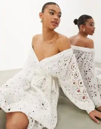 Asos edition off shoulder broderie wrap belted midi dress in white