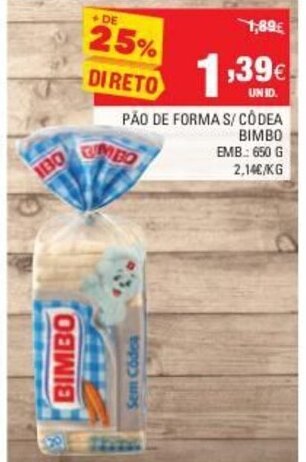 Continente Pão de Forma S/ Côdea Bimbo 650g promoção