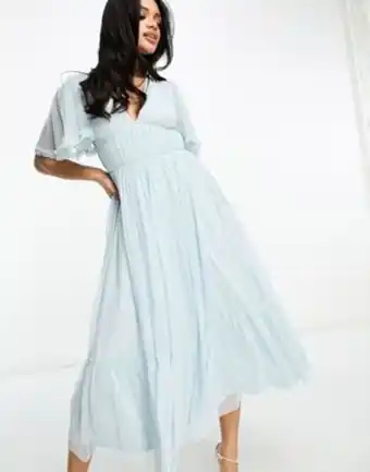 Asos Beauut bridesmaid tulle midi dress with flutter sleeve in icey blue promoção