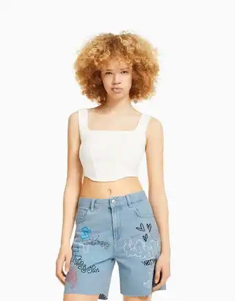 Bershka Calções bermuda de ganga com estampado promoção