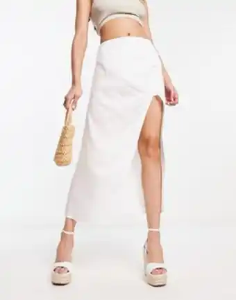 Asos Asos design natural slub ruched side midi skirt in white promoção