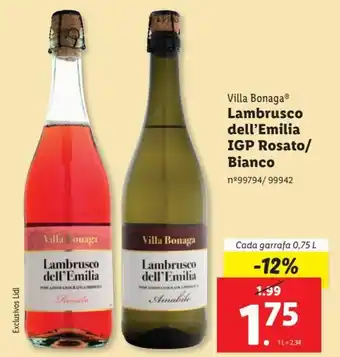 Lidl Villa Bonaga Lambrusco dell'Emilia IGP Rosato/ Bianco Cada garrafa 0,75 L promoção