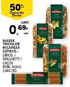 Continente Massa Tricolor Milaneza 500g promoção