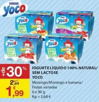 E.Leclerc Iogurte Líquido 100% Natural/Sem Lactose Yoco 6x90g promoção