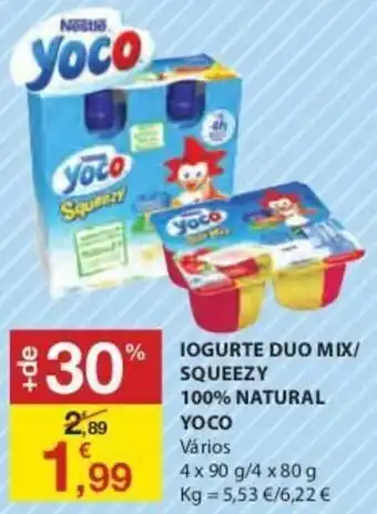 E.Leclerc Iogurte Duo Mix/Squeezy 100% Natural Yoco 4x90g/4x80g promoção