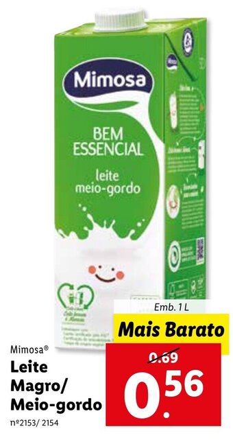 Lidl Mimosa Leite Magro/ Meio-gordo 1L promoção