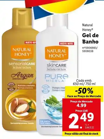 Lidl Natural Honey Gel de Banho 650ml/750ml promoção