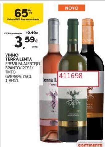 Continente VINHO TERRA LENTA PREMIUM, ALENTEJO, BRANCO/ ROSE/ TINTO GARRAFA: 75 CL promoção