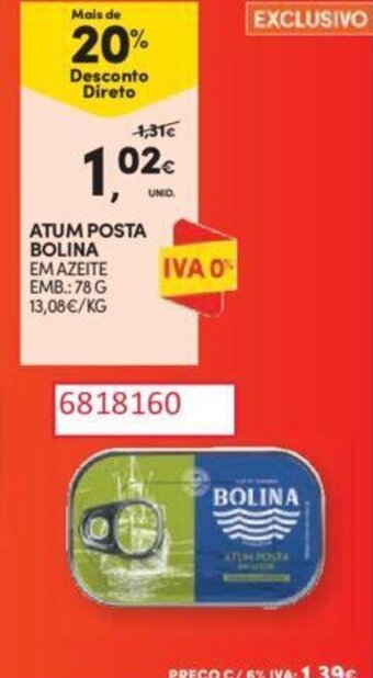 Continente ATUM POSTA BOLINA EM AZEITE EMB.: 78 G promoção