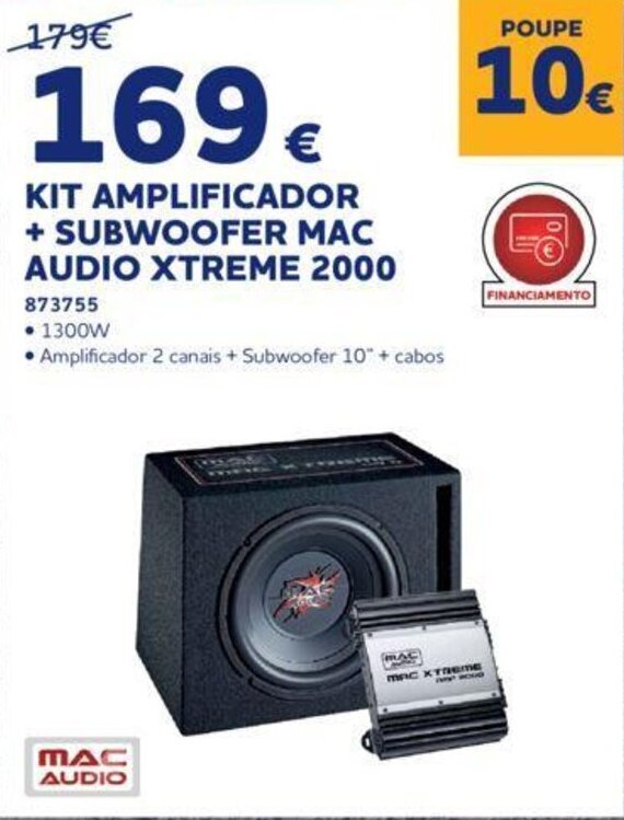 Promoção KIT AMPLIFICADOR + SUBWOOFER MAC AUDIO XTREME 2000 em Norauto