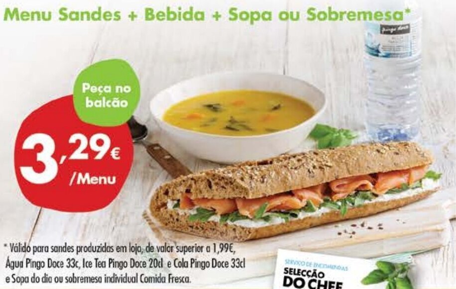 Pingo Doce Menu Sandes + Bebida + Sopa ou Sobremesa promoção