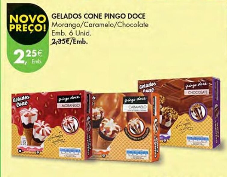 Promoção GELADOS CONE PINGO DOCE Morango/Caramelo/Chocolate Emb. 6 Unid