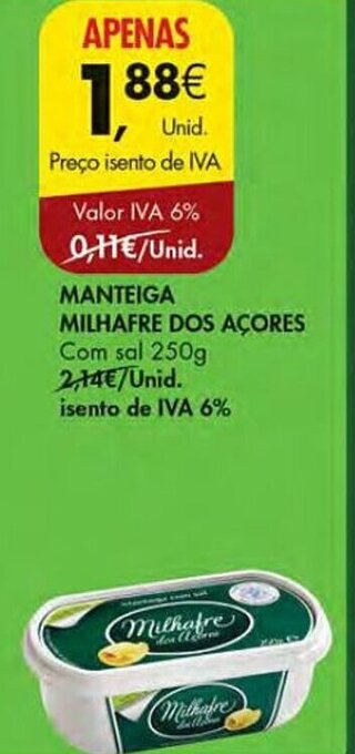 Pingo Doce MANTEIGA MILHAFRE DOS AÇORES Com sal 250g promoção