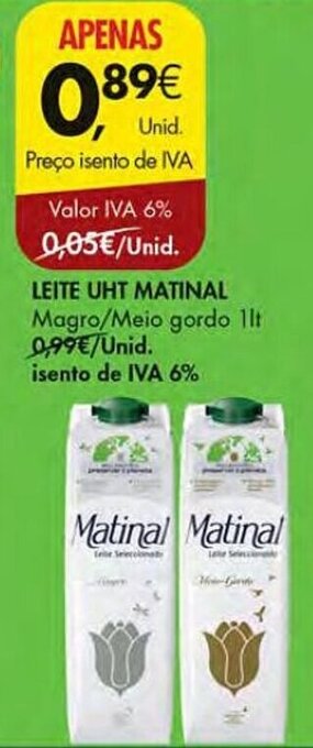 Pingo Doce LEITE UHT MATINAL Magro/Meio gordo 1lt promoção