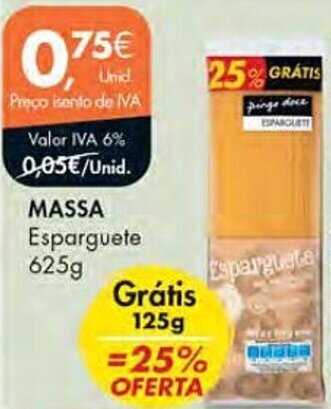 Pingo Doce MASSA Esparguete 625g promoção