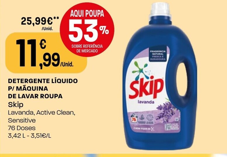 Intermarché DETERGENTE LÍQUIDO P/ MÁQUINA DE LAVAR ROUPA Skip 76 Doses promoção