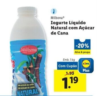 Lidl Milbona Iogurte Líquido Natural com Açúcar de Cana Emb. 1kg promoção