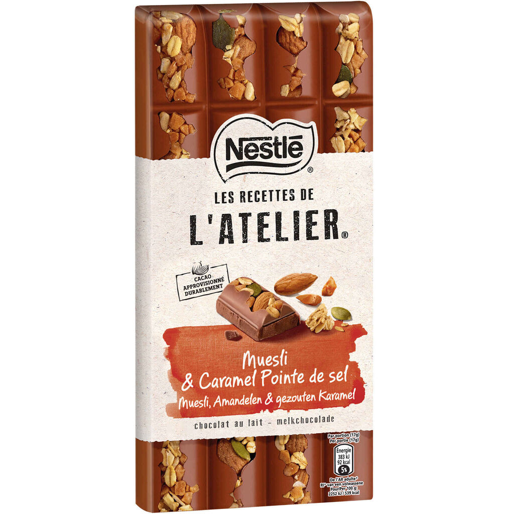 Promoção Tablete de chocolate de leite com muesli, amêndoas e caramelo
