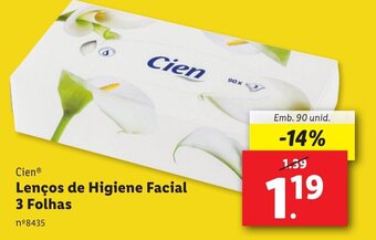 Lidl Cien Lenços de Higiene Facial 3 Folhas Emb. 90 unid. promoção
