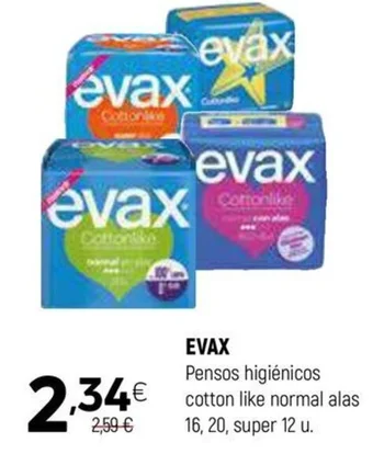 EVAX Pensos higiénicos cotton like normal alas 16, 20, super 12 u.