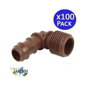 Pack 100 codos mixtos para cinta de goteo de 16mm x 3/4 con anillas