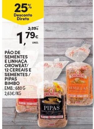 Pão de Sementes E Linhaça Oroweat/ 12 Cereais E Sementes/ Pipas Bimbo 680g
