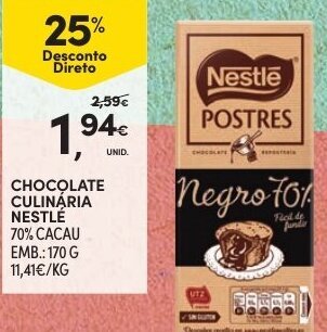 Continente Chocolate Culinária Nestlé 170g promoção