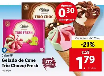 Lidl Gelatelli Gelado de Cone Trio Choco/Fresh 6x120ml promoção