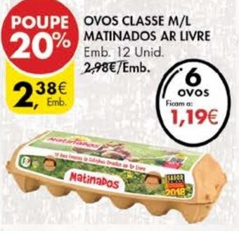 Pingo Doce Ovos Classe M/L Matinados Ar Livre 12 Unid promoção