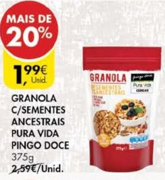 Pingo Doce Granola C/ Sementes Ancestrais Pura Vida Pingo Doce 375g promoção