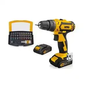 Taladro atornillador 14,4v + 2 baterías ion litio vito 2ah + caja 32 puntas