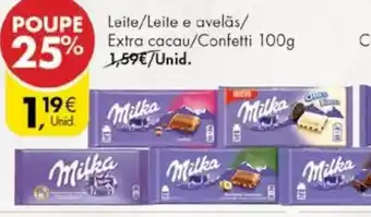 Pingo Doce Tabletes de Chocolate Milka Leite/Leite e Avelãs/ Extra Cacau/Confetti 100g promoção