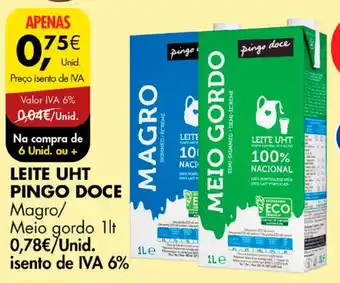 Pingo Doce LEITE UHT PINGO DOCE Magro/ Meio gordo 1lt promoção