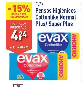ALDI Evax Pensos Higiénicos Cottonlike Normal Plus/ Super Plus pack de 20 e 28 promoção