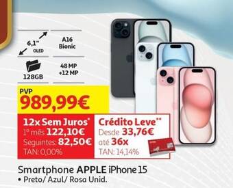 Auchan Smartphone APPLE iPhone 15 • Preto/Azul/ Rosa Unid. promoção
