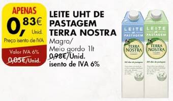 Pingo Doce LEITE UHT DE PASTAGEM TERRA NOSTRA 1lt promoção
