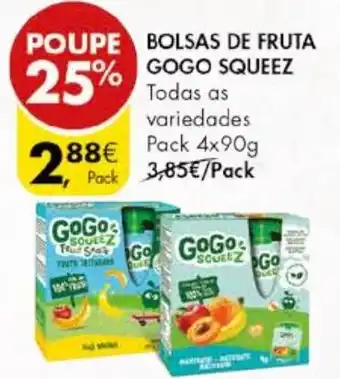 Pingo Doce BOLSAS DE FRUTA GOGO SQUEEZ Pack 4x90g promoção