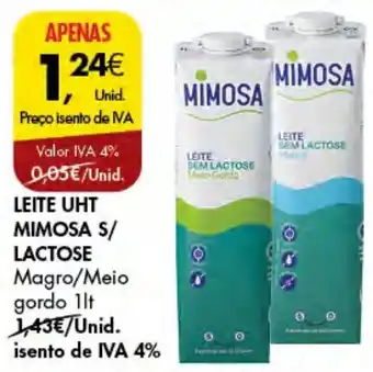 Pingo Doce LEITE UHT MIMOSA S/ LACTOSE Magro/Meio promoção