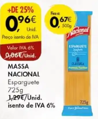 Pingo Doce MASSA NACIONAL Esparguete 725g promoção