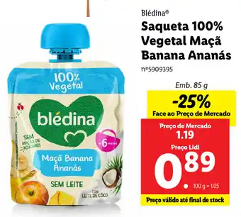 Lidl Blédina Saqueta 100% Vegetal Maçã Banana Ananás 85g promoção