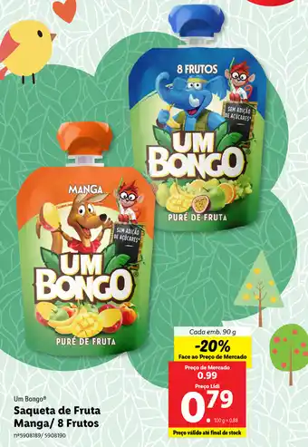 Lidl Um Bongo Saqueta de Fruta Manga/ 8 Frutos 90g promoção