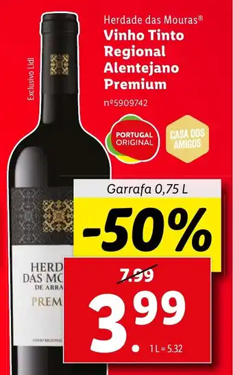 Lidl Herdade das Mouras Vinho Tinto Regional Alentejano Premium Garrafa 0,75 L promoção