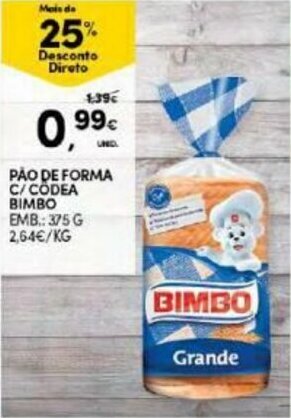 Continente Pão de Forma C/Codea Bimbo 375g promoção