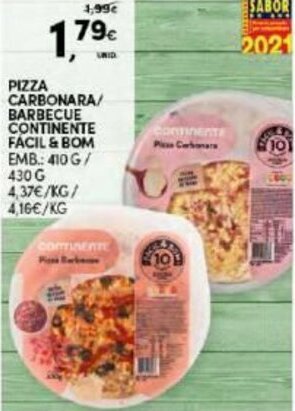 Continente Pizza Carbonara/ Barbecue Continente Fácil&Bom 410g/430g promoção