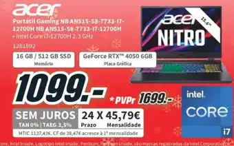 MediaMarkt Acer Portátil Gaming NBAN515-58-7733-17-12700H NB AN515-58-7733-17-12700H promoção