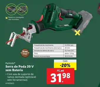 Lidl Parkside Serra de Poda 20 V sem Bateria promoção