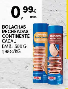 Continente Bolachas Recheadas Continente Cacau 500g promoção