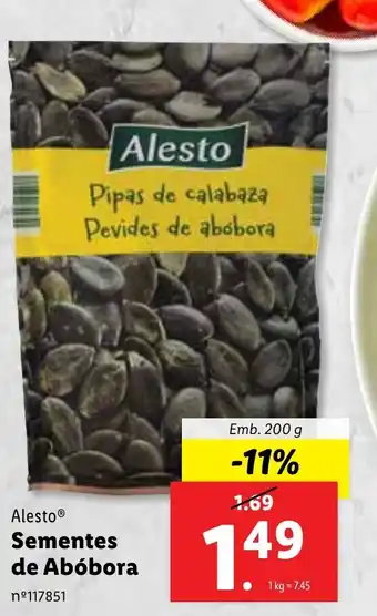 Lidl Alesto Sementes de Abóbora Emb. 200 g promoção